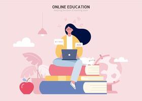 Young girl sitting on pile of books and using laptop. Flat illustration of e learning and tutorial concept. vector