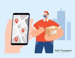 Courier with mask holding a package and a hand using map app on phone. Flat illustration suitable for safe and clean delivery during COVID-19 outbreak. vector