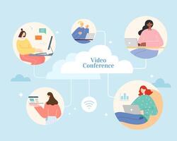 People from different places using laptops to access cloud database . Flat illustration, concept of cloud computing and remote access. vector