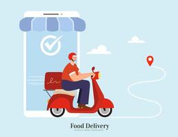 Courier offering fast and safe food delivery service by scooter. Concept of ordering food online via smartphone app. Flat illustration suitable for local delivery or restaurant takeout. vector