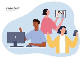 Flat design illustration of diverse group of friends having chat from different devices vector