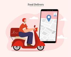 mensajero ofrecimiento rápido y seguro comida entrega Servicio por scooter, rastreo el ubicación vía aplicación en el teléfono inteligente plano ilustración adecuado para restaurante o local comida entrega. vector