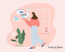 Cute woman walking in a room with a laptop in hand and browsing multiple windows. Flat illustration. Concept of brainstorming, data analysis or searching. vector