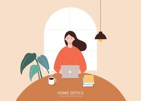 Young woman working at the desk, concept of working from home in flat design vector