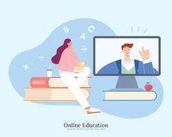 Cute girl sitting on books and looking at screen. Illustration in flat design, suitable for distance learning, online education and tutorial vector