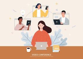 Flat design of woman working from home on laptop and having a conference with her colleagues vector