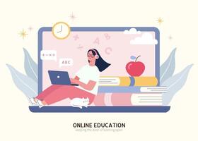 Cute Asian girl sitting by book pile and having online class with laptop. Tutorial, homeschooling and e learning concept flat illustration. vector