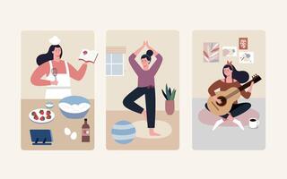 Flat design collection of women enjoying staycation hobbies at home, including baking, exercising, and playing guitar. vector