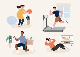 Flat illustration of people doing different workouts at home, including medicine ball exercising, jogging on treadmill, lifting weights and doing sit ups. vector