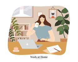 morena mujer sentado a mesa con ordenador portátil y disfrutando café. plano ilustración, concepto de persona de libre dedicación trabajando desde hogar o en línea aprendizaje vector