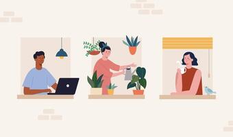 Flat illustration of neighborhood concept. Neighbors in open windows working on laptop, watering plants and enjoying tea time. vector