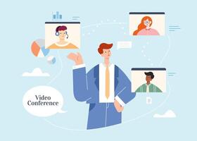 Businessman conferencing remotely with team members or clients on screen. Flat illustration, concept of work from home or virtual workplace. vector