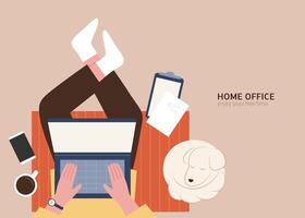 Man point of view, working on laptop with dog resting by. Home office concept flat illustration design. vector