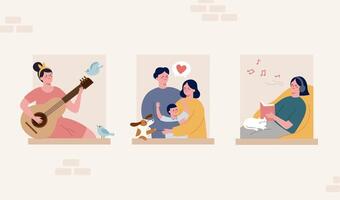 Various characters seen in window, girl playing guitar, lovely family hugging together, and another girl listening to music. Concept of quarantine during covid lockdown. vector