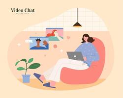 Asian woman sitting on sofa in loft and using laptop to make call with other foreign people. Flat illustration, concept of online teaching or chatting. vector