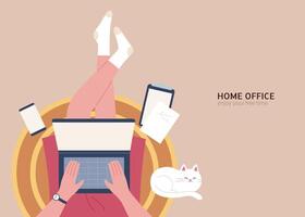 POV shot of a woman sitting on rug and working on laptop with cat sleeping by. Home office concept flat illustration design. vector