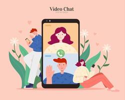 A smartphone in the center with cute couple on different sides. Concept of chatting with partners to keep connected in distance. Flat illustration, concept of online dating. vector