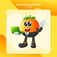 Cute orange character typing on a computer vector