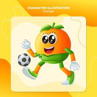 Cute orange character playing soccer vector