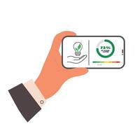 Man hand holds phone with app controlling energy efficiency at home. Energy saving concept. Green leaves icon on hand vector