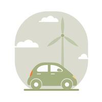 Illustration with green electric car with windmills on background. Green energy concept. illustration. vector