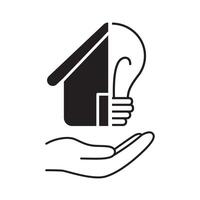 Hands hold half lightbulb with house. Eco energy saving concept. illustration vector