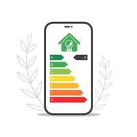 Phone screen with energy efficiency rating on screen. Save energy concept. Monitoring and control of energy consumption via app vector