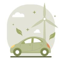 Ilustracion con verde eléctrico coche. energía desde molinos de viento salvar el tierra. verde ambiental concepto vector