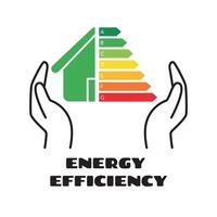 House with energy efficiency icon between hands. Energy class rating. Save energy concept vector