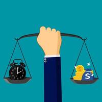 Time and money on the scales. The idea that time is worth more than money vector