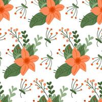 Seamless pattern with flat floral composition. Springtime or summer concept. Flat hand drawn colored elements on white background. Trendy print design for textile, wallpaper, interior, wrapping vector