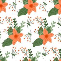 Seamless pattern with flat floral composition. Springtime or summer concept. Flat hand drawn colored elements on white background. Trendy print design for textile, wallpaper, interior, wrapping vector