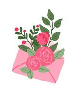 Stylized floral composition in envelope drawing. Spring modern concept. Flat hand drawn colored stylized elements on white background. Unique print design for printout, poster, interior decor vector