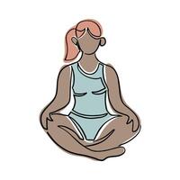 Drawing in boho style of black woman in yoga pose. Hand drawn single line icon of female body doing yoga exercises. Contour composition isolated on white background vector