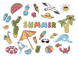 Set of summer colored hand drawn doodles. Vacation summer concept. Sea beach related items isolated on white background vector