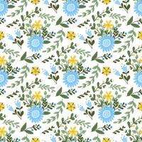 Composed abstract floral flowers and branches pattern. Springtime or summer concept on white background. Flat hand drawn colored items. Trendy print design for textile, wallpaper, interior, wrapping vector