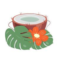 Half of fresh coconut with flower and monstera leaves in cartoon style in trendy bright shades vector