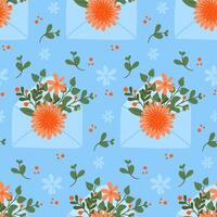 Bright pattern with stylized flowers in envelope. Springtime or summer concept on blue background. Flat hand drawn colored elements. Trendy print design for textile, wallpaper, interior, wrapping vector