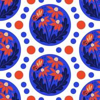 Abstract floral pattern with round illustration on white background. Flat hand drawn cut out flowers, leaves in bright colors. Unique retro print design for textile, wallpaper, interior, wrapping vector