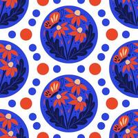 resumen floral modelo con redondo ilustración en blanco antecedentes. plano mano dibujado cortar fuera flores, hojas en brillante colores. único retro impresión diseño para textil, fondo de pantalla, interior, envase vector