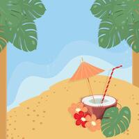 Drink in half coconut with cocktail straw, umbrella inside, flowers and monstera leaf on the beach vector