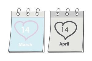 calendario paginas con fecha 14 marzo blanco día y 14 abril negro día con corazón conformado carrera por mano vector