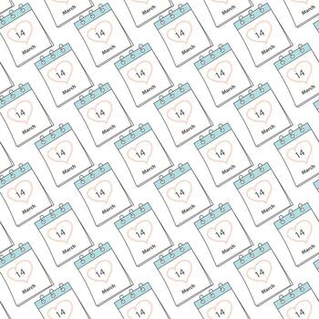 Seamless pattern with White Day 14 March date and heart shaped stroke by hand on calendar pages. vector