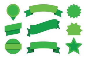 Collection of green ribbons tags badges and labels isolated white background vector