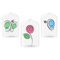 Stylized rose and 2 butterflies under a glass lid with spots in trendy marker hues. Set of 3 pieces vector