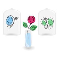 Stylized butterflies under glass lid and rose in transparent container with water. Set of 3 elements vector