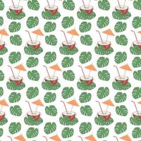 Half coconut and cocktail straw and umbrella inside with monstera leaves. Summer seamless pattern vector