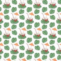 Half coconut and cocktail straw and umbrella inside with monstera leaves. Summer seamless pattern vector