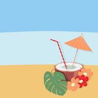 Cocktail in half coconut with straw, parasol, flower and palm leaves on sandy beach and sea backdrop vector