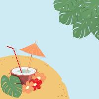 Summer design concept with cocktail in half coconut with straw, parasol and flowers on sandy beach vector